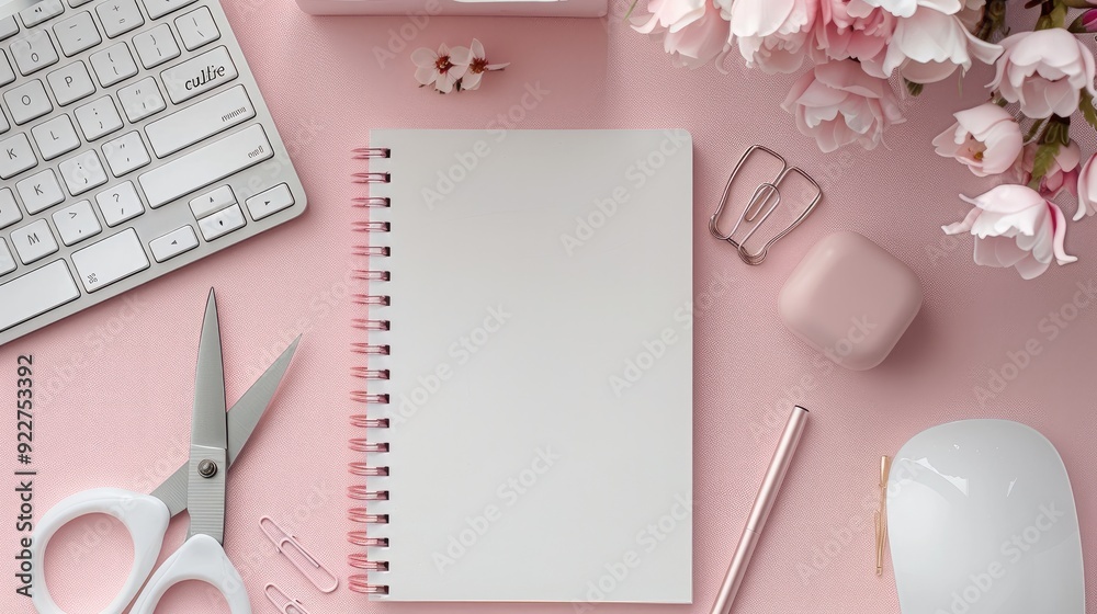 Aufkleber A light pink desk with a notebook, a white computer keyboard next to the spiral notebook, a pair of scissors beside the notepad. top view. Generative AI.