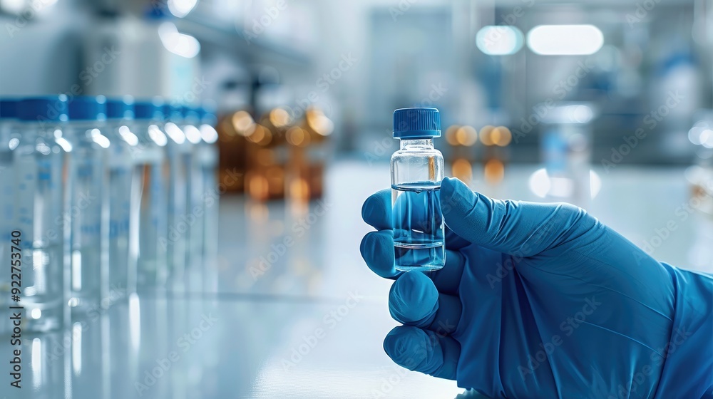 Poster close-up of a hand in blue medical gloves holding a glass vial with liquid, with a set of bottles on
