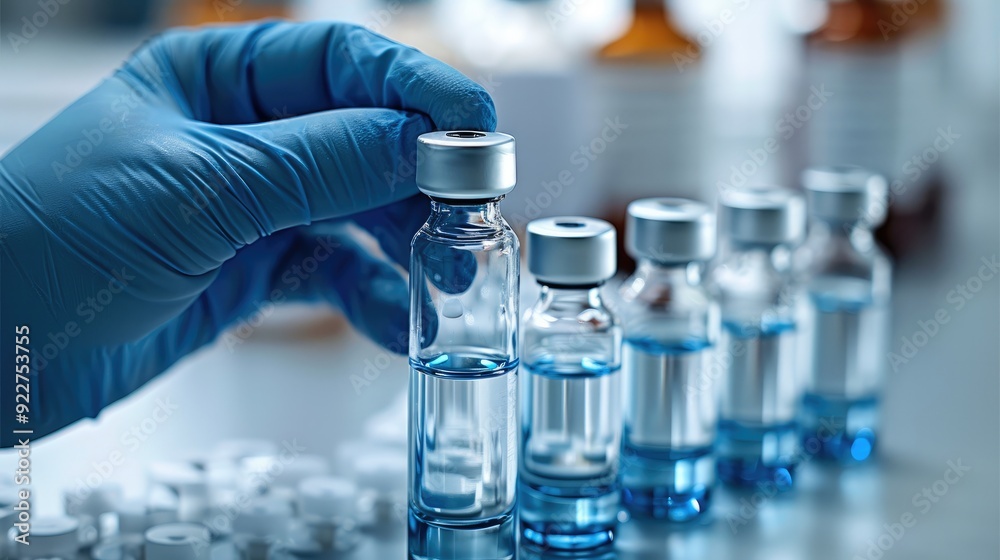 Poster close-up of a hand in blue medical gloves holding a glass vial with liquid, with a set of bottles on