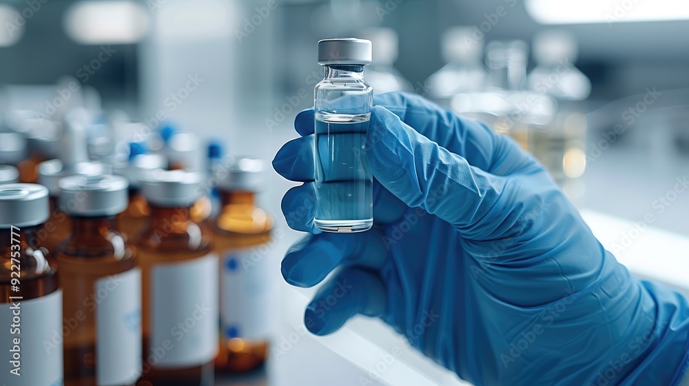 Poster close-up of a hand in blue medical gloves holding a glass vial with liquid, with a set of bottles on