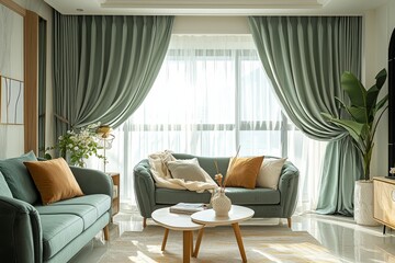 Elegant green luxury curtains enhance the bright and warm living room decor in a serene setting