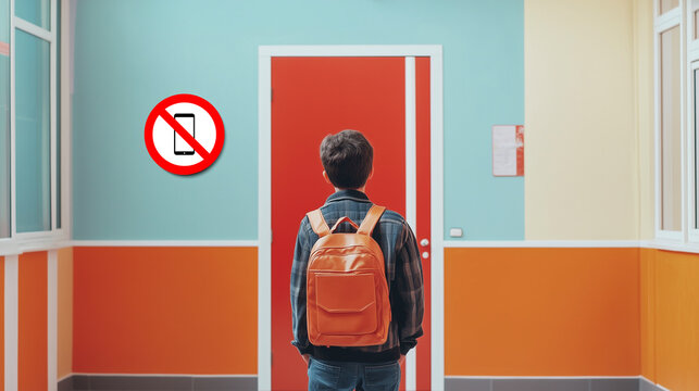 Back view of a schoolboy at school and a sign prohibited use of phones in classroom