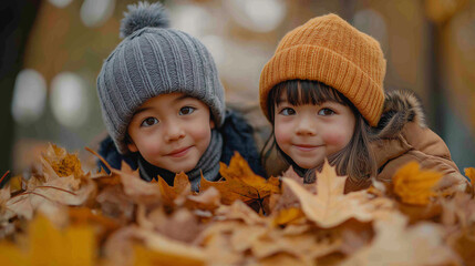 Children playing in a pile of colorful autumn leaves, autumn, fall, playing, outdoors, leaves