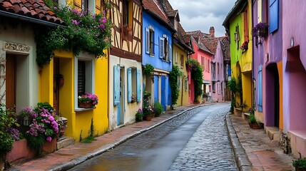 Naklejka premium Quaint village with charming street layout and rustic architectural charm