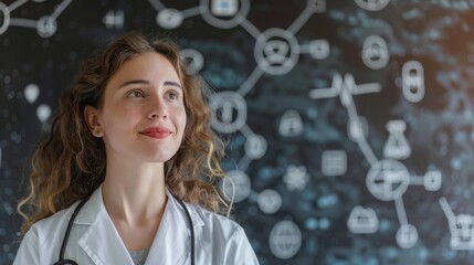 A Young Clinician Embodies Modern Medicine, Standing Before a Backdrop That Blends a Hospital Setting and a Network of Medical Icons in the Digital Age