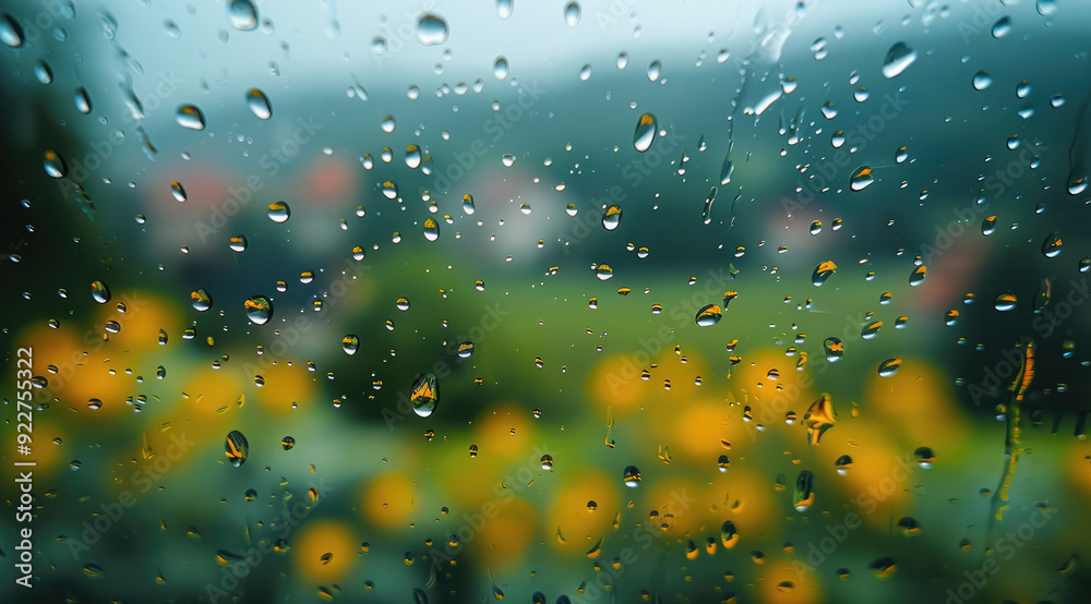 Poster raindrops on a transparent glass window, focus to raindrops with a blurred background of a countrysi