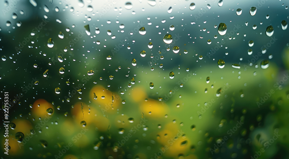 Poster raindrops on a transparent glass window, focus to raindrops with a blurred background of a countrysi