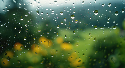 Raindrops on a transparent glass window, focus to raindrops with a blurred background of a countryside scene during the daytime. Generative AI.