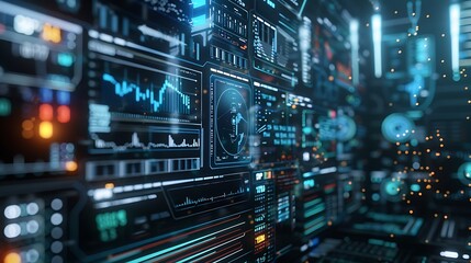 Futuristic digital interface with complex data analysis displays.