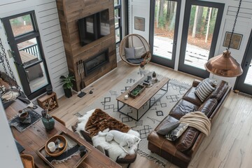 Cozy modern living room with a fireplace and large windows overlooking the forest during the day