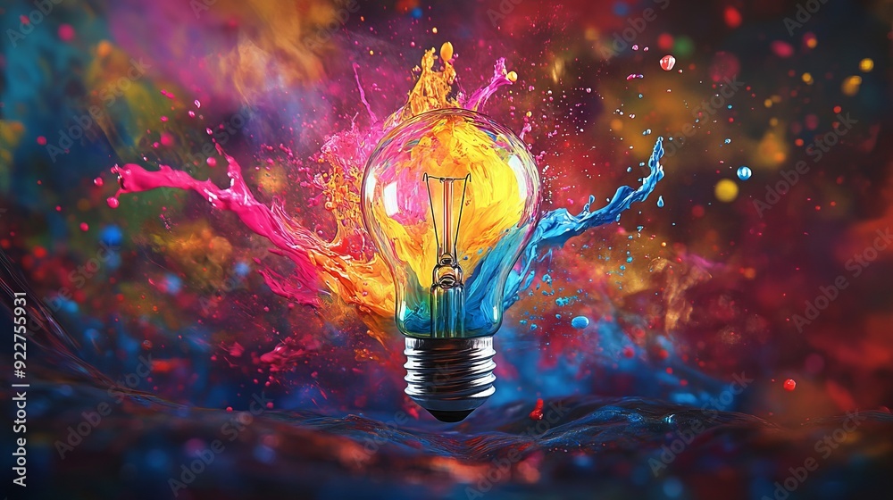 Wall mural A light bulb with colorful paint splashing around it, symbolizing creative ideas