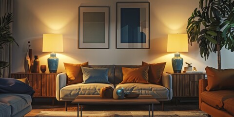 Fototapeta premium Cozy living room with warm lighting and modern decor in a contemporary home setting