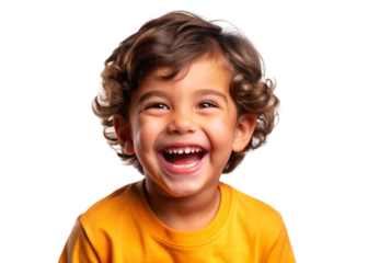 A cheerful child , laughing with an open mouth, captured in a portrait on a transparent background