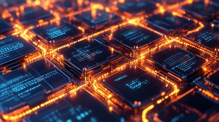 Fototapeta premium Blockchain nodes connected with glowing lines, symbolizing data transmission.