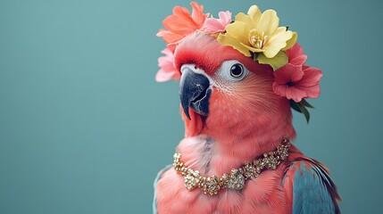 A vibrant parrot adorned with colorful flowers and jewelry, showcasing its playful and stylish personality against a soft background.