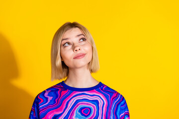 Photo portrait of lovely young lady look interested empty space dressed stylish colorful blue...