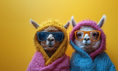 Fototapeta premium Two adorable llamas in colorful towels and sunglasses against a vibrant yellow background, radiating fun and playfulness.