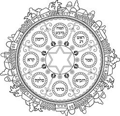 Detailed judaica Rosh Hashanah dish plate with hebrew titles and Jerusalem frame coloring page.