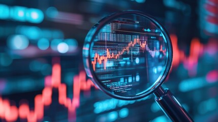 A magnifying glass over a cryptocurrency exchange platform showing detailed market analysis.