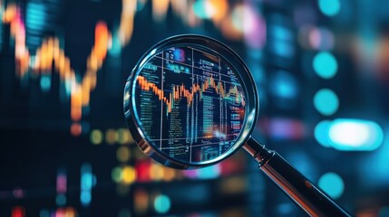 A magnifying glass over a cryptocurrency exchange platform showing detailed market analysis.