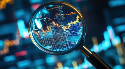 A magnifying glass over a cryptocurrency exchange platform showing detailed market analysis.