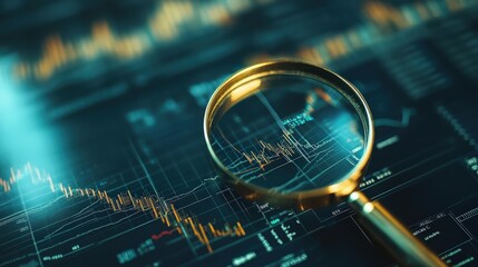 A magnifying glass over a cryptocurrency exchange platform showing detailed market analysis.