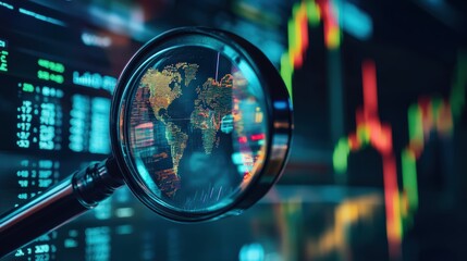 A magnifying glass over a cryptocurrency exchange platform showing detailed market analysis.