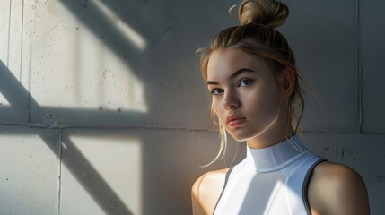 Futuristic close up portrait of stunning 18 year old blonde woman in white bodysuit