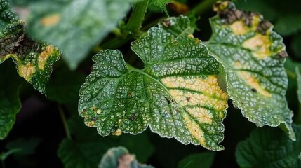 A cucumber leaf showing visible signs of disease, with discoloration and damage on its surface. A close-up, detailed view highlighting agricultural challenges and plant health issues