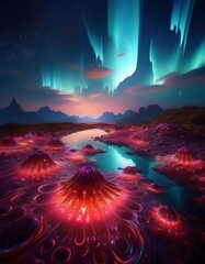 Obraz premium 붉은 프랙탈로 반짝이는 무지개 빛깔의 프랙탈의 사진, Photo of an iridescent fractal sparkling with red fractals