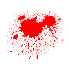 Drops and splashes of blood. Bright red paint stains. Dirty grunge background. Abstract vector isolated illustration on white background.