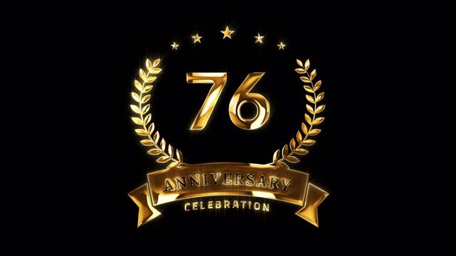 76th Anniversary Celebration. Happy 76 Years Anniversary Animation in Gold Color on the Transparent Background, Alpha Channel. Great for greetings, celebrations, events, and gifts.