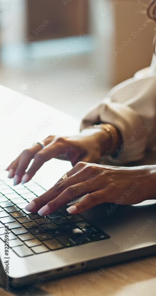 Aufkleber Hands, typing and laptop closeup with working and planning in a home office with a business woman. Internet, web research and entrepreneur with project for digital company with tech and computer