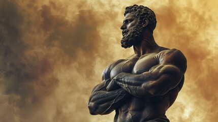 Muscular roman deity in contemplation against dramatic backdrop, awe inspiring image