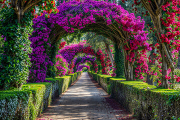 Fototapeta premium Garden arbor arches covered with purple and red bougainvillea flowers, hedges, lush, outdoor exterior design, background