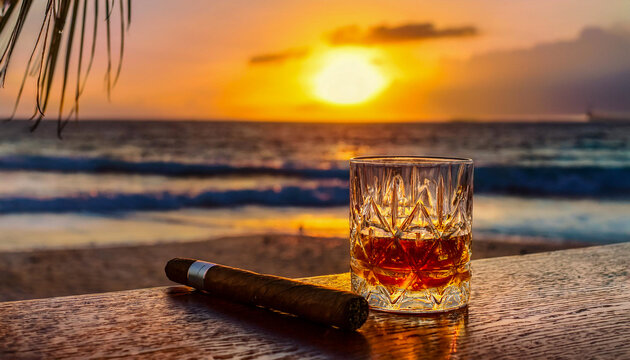 A glass of rum next to a Cuban habaneros cigar on a rustic cafe table at the beach during a sunset