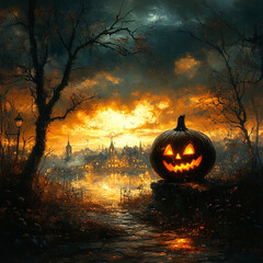 Fototapeta premium Central empty 3D podium, with Jack-o'-lanterns and a gothic candelabra. Bats and cobwebs fill the scene, with candy strewn across a stone floor, all in a dark and mysterious atmosphere.