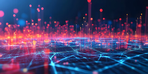 Fototapeta premium abstract dark blue background with many orange rays and dots pointing upward. neon colors