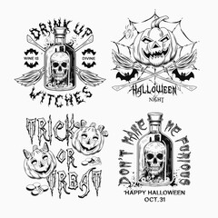 Labels with bottle with skull and poisonous potion, criss crossed brooms, spider web, pumpkin heads, text. Black and white witchy illustrations on white background in vintage style