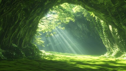 Fototapeta premium Sunbeams Through a Lush Cave Entrance