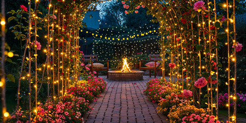 Obraz premium Garden arbor arches covered in string lights, stone brick path leading to fire pit and wooden chairs, night, outdoor exterior design, background