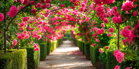 Garden arbor arches pathway covered with red pink flowers, hedges, outdoor landscaping exterior design, background banner