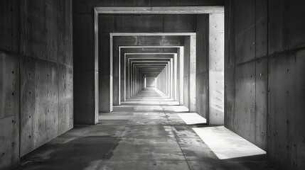 A black and white photo of a long, narrow, concrete hallway with a series of doorways leading to a bright, light-filled space at the end.