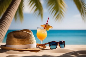 Closeup of cocktail on the beach with hat and sunglasses