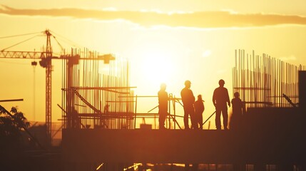 Fototapeta premium Silhouetted Workers at Sunset on Construction Site