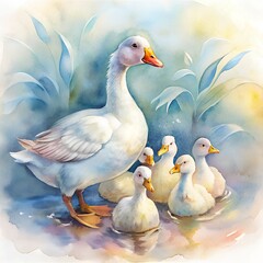 Watercolor illustration of a flock of white geese and goslings. Illustration for children's books, pictures, postcards.