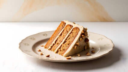 Slice of almond cake with creamy frosting on an elegant vintage plate
