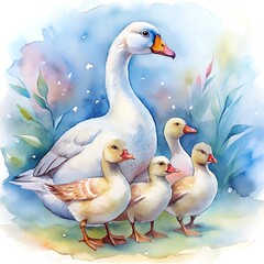 Watercolor illustration of a flock of white geese and goslings. Illustration for children's books, pictures, postcards.