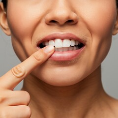 Obraz premium A Woman's Hand Demonstrating Healthy Teeth Care: Closeup View, The Perfect Smile: Closeup of a Woman's Hand Indicating Healthy Teeth, Oral Hygiene Tips: Woman's Hand and Healthy Teeth Closeup, 