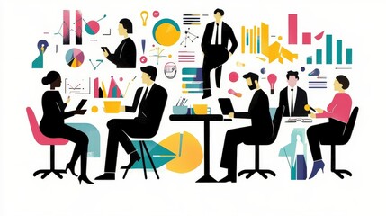 Group of entrepreneur icons, showing business meetings and startup activities.